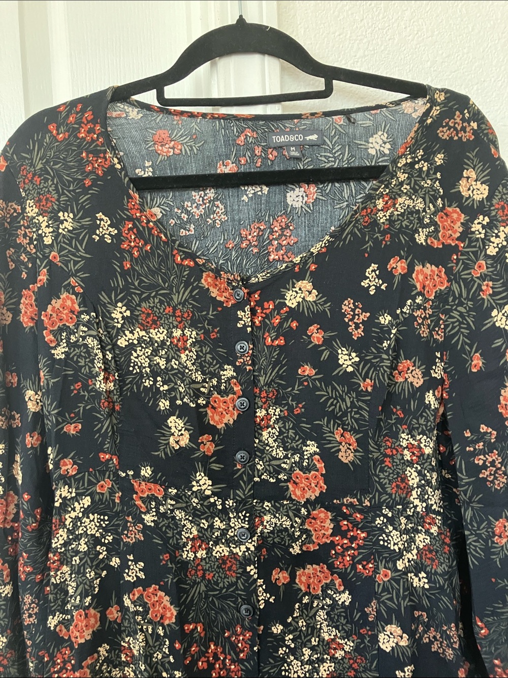 Toad &Co Manzana Button Up Organic Cotton Black Floral Midi Dress Size M - Picture 3 of 11